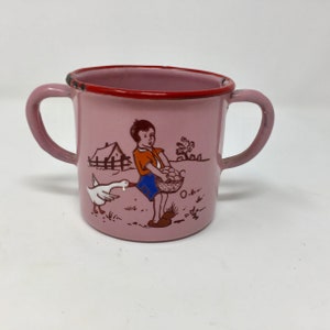Vintage Child&#39;s Pink German Enamel Two Handled Cup Mug, Little Boy with Goose