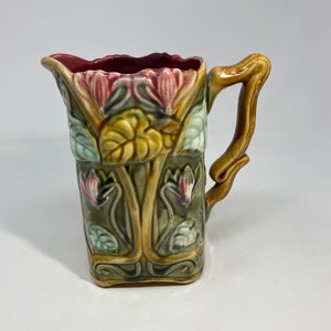 Antique French Majolica Square Pitcher with Pink Cyclamens and Blue Green and Olive Leaves, 1800's Onnaing, Excellent Condition, 7 3/8" Tall