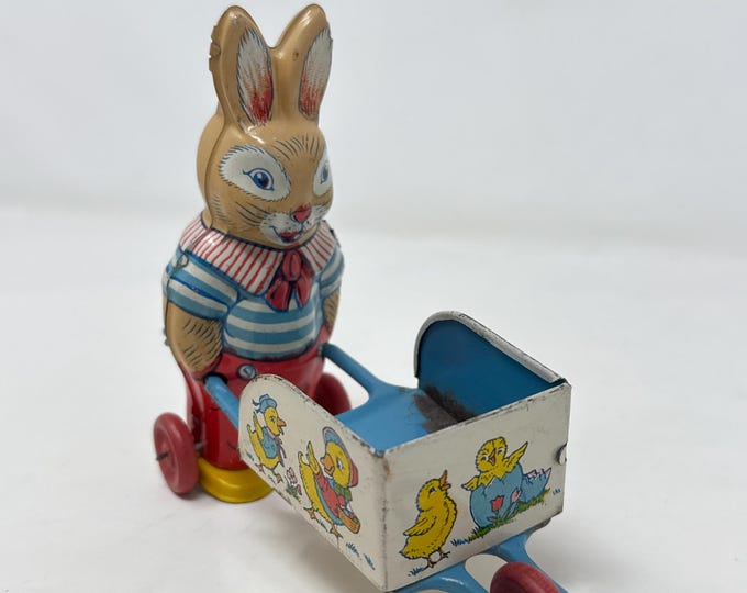 Rare Rabbit Wheels Darling Vintage Tin Wheeled Bunny Rabbit Pushing a One-wheeled Cart, by ...