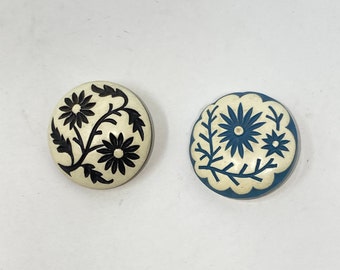 2 Vintage Black Flower Plant and Blue Flowers Buffed Celluloid Buttons, 7/8"