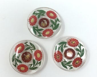 Vintage Glass Back Painted Floral Button, 1 1/8",  Price is for 1 Button