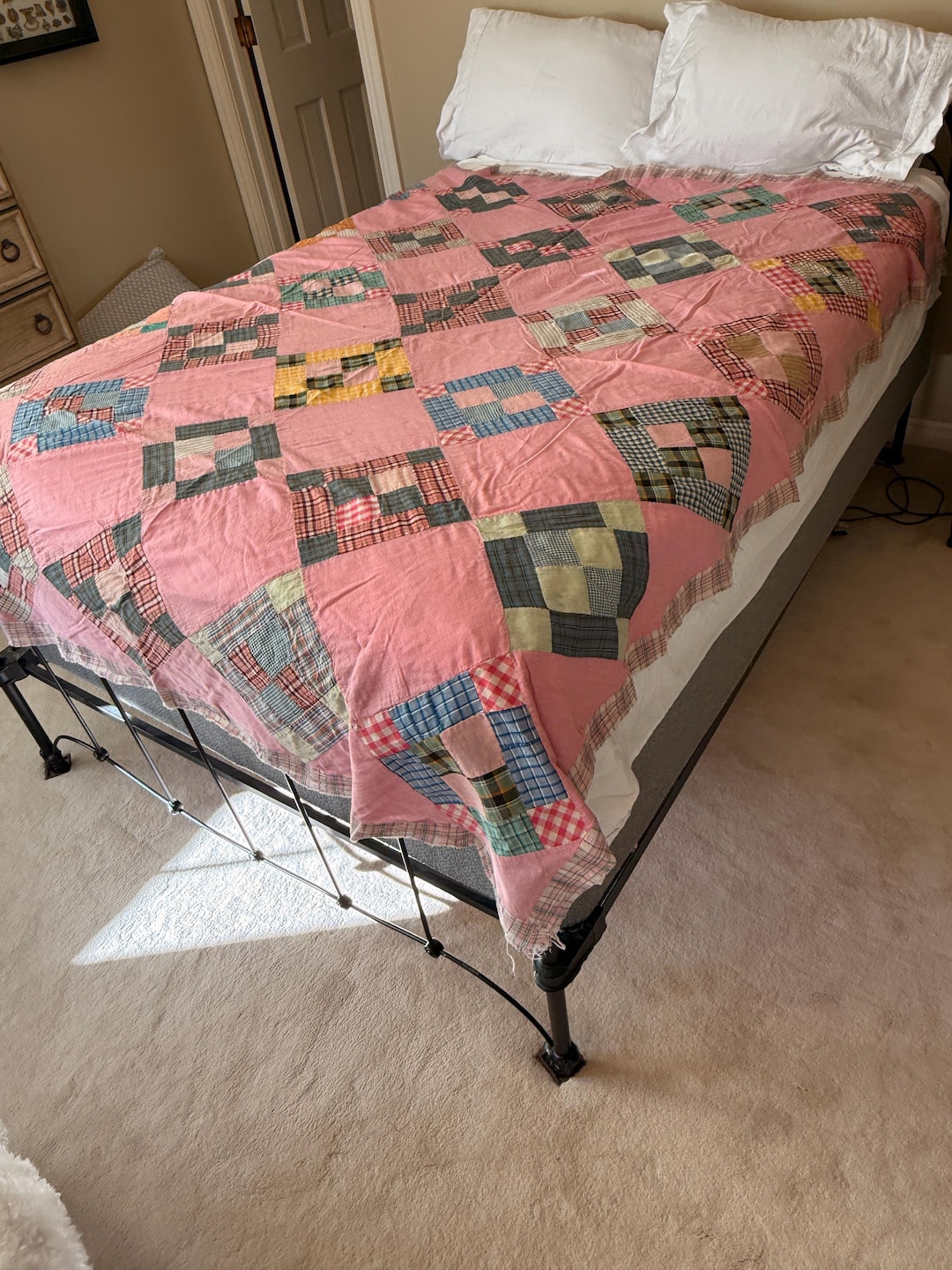 Vintage 4 Patch Squares on a Pink Background Quilt Top, Great Color 68 ...