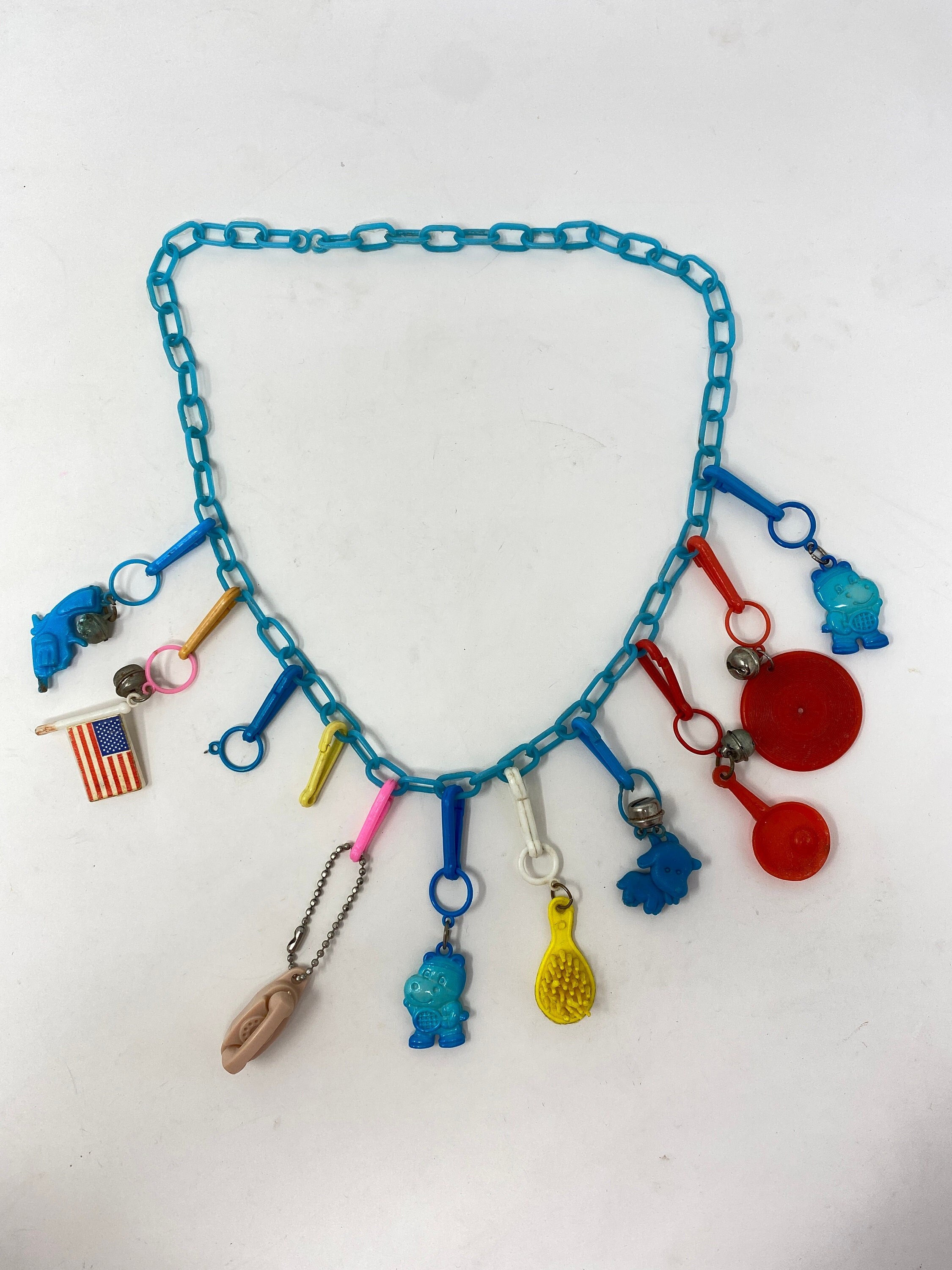 Vintage Aqua Plastic Link Chain With 10 Charms Clip Bell Necklace