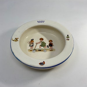 Adorable Antique Vintage Baby Plate Children Playing, One on a Scooter, Czechoslovakia, 7&quot; across 2&quot; Deep