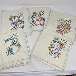 5 Pretty Vintage Flour Sack Tea Towels with Embroidered Fruits with Flowers on Black Grid Background, Cherries, Unused