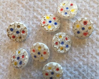 Vintage Painted Floral White Glass Button, Size Small 1/2"; Self shank