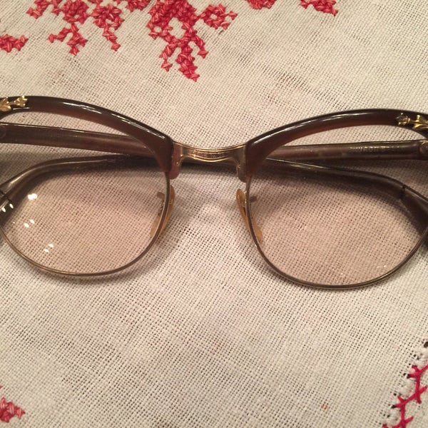 Vintage 50's Cat Glasses Brown with Gold Rims and Gold Floral Trim; Shuron 5 3/4"; Marked 10-12 K.G