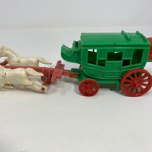 Vintage Plastic Hardy Stagecoach with 2 White Running Horses, 9"