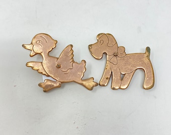 Adorable Vintage Copper Terrier Dog and Baby Duck Pins Brooches with Original Pin Backs, Price is for one pin.