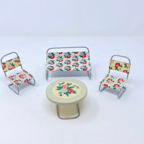 Darling Vintage Spring Toy Doll House Floral Patio Lawn Furniture, Bench, 2 Chairs and Round Coffee Table, Japan, 1950's