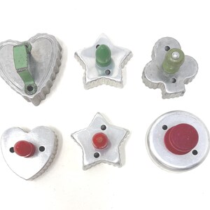 6 Vintage Cookie Cutters, Hearts, Stars, Club and Donut, 5 with Wood Knobs, Choice