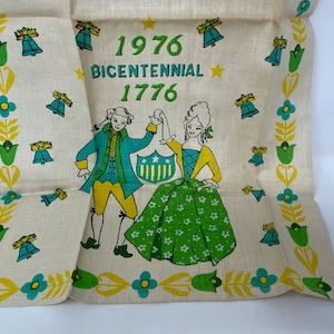 Vintage Linen Green, Aqua, and Yellow on White Tea Towel Bicentennial 1776-1976, Colonial Couple