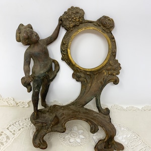 Antique Cupid with Art Nouveau Flowered Frame, French Brass Ormolu Clock, Bezel Mount, Wall Hanging