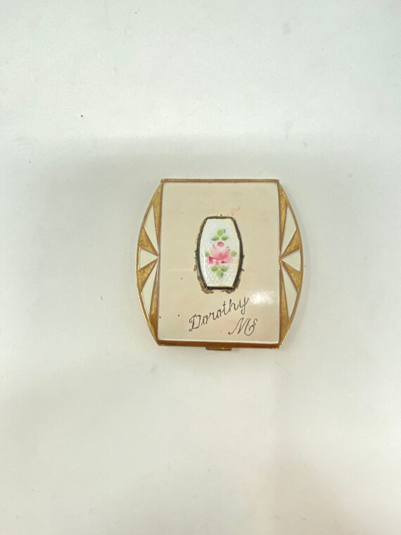 Vintage Cream Art Deco Compact with Floral Enamel… - image 1