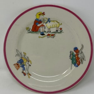 Adorable Antique Vintage Baby Feeding Plate Girl with a Lamb, an Elephant and a Pig Riding on a Goose, 7&quot; across
