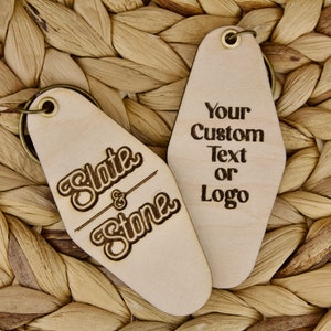 Custom Text or Business Logo Motel Keychain - Wooden Vintage Hotel Keychain with your Custom Text or Custom Logo