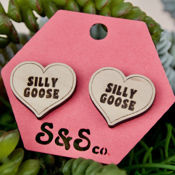 Silly Goose Heart Stud Earrings - Quirky and Unique Girly Gift for Best Friend Goofy Goobers