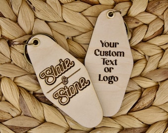 Custom Text or Business Logo Motel Keychain - Wooden Vintage Hotel Keychain with your Custom Text or Custom Logo