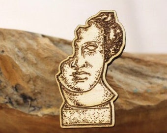 Crumbling Bust of David Pin - Straight From the City of Florence, it's Michelangelo's David Bust as a Wooden Pin Back Button. Not Enamel Pin