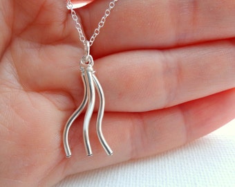 Necklace 925 sterling silver, simple, modern pendant with three tubes shaped S, small, delicate, hand-made, minimalist