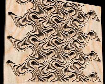 May include: A wooden wall panel with a complex, intricate pattern of cut-out swirls and curves. The panel is made of light brown wood and has a natural, organic look.