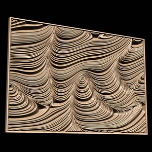 以下が含まれることがあります： 3Dの抽象的なデザインが施された額縁付きの壁掛けアート作品。デザインは、薄い茶色の色で渦巻き状に重なり合った線が特徴です。
