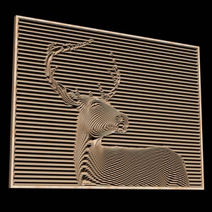 May include: A wooden wall art piece featuring a deer with antlers, created with a layered, striped design. The deer is facing to the right and the background is a dark brown.