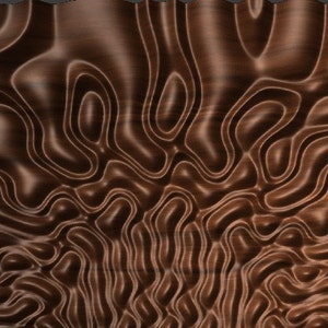 May include: A brown wooden panel with a swirling, abstract pattern carved into the surface.