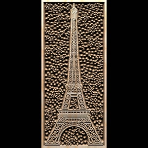Könnte beinhalten: Ein Holzkunstwerk mit dem Eiffelturm, mit aufwendigen Ausschnitten. Der Turm steht vor einem strukturierten Hintergrund aus kleinen, erhabenen Punkten. Das Kunstwerk ist in hellem Holz gerahmt.