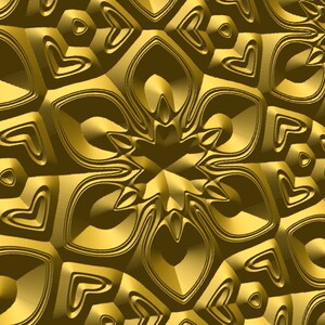 May include: A digitally rendered, repeating pattern featuring a golden, embossed design. The pattern is composed of stylized floral and heart-shaped elements, creating a textured, three-dimensional effect. The color palette is a gradient of gold and bronze.