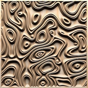 May include: A wooden wall panel with a carved, abstract design. The design features a series of concentric circles and wavy lines, creating a 3D effect.