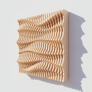 May include: A wooden wall art piece with a wavy, textured design. The piece is made of light brown wood and has a natural finish.
