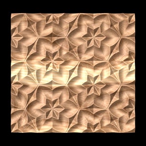 May include: A wooden wall panel with a carved geometric pattern of stars and flowers. The panel is light brown in color and has a natural wood grain.