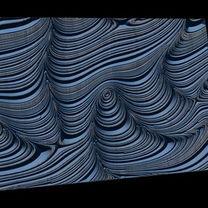 以下が含まれることがあります： 青とグレーの抽象的なアートワークで、3D効果があります。パターンは波状の線で構成されており、奥行きと動きを感じさせます。