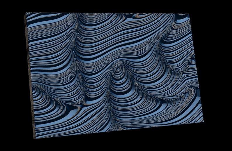 以下が含まれることがあります： 青とグレーの抽象的なアートワークで、3D効果があります。パターンは波状の線で構成されており、奥行きと動きを感じさせます。