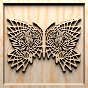 May include: A wooden wall plaque featuring a carved butterfly design. The butterfly's wings are intricate and detailed, with a swirling pattern.
