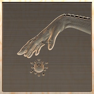 May include: A stylized, wooden hand reaches out towards a stylized, wooden virus. The image is set against a black and white striped background.