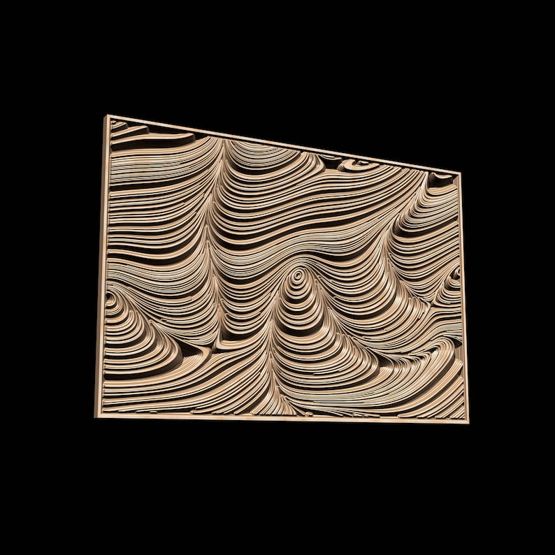 以下が含まれることがあります： 3Dの抽象的なデザインが施された額縁付きの壁掛けアート作品。デザインは、薄い茶色の色で渦巻き状に重なり合った線が特徴です。