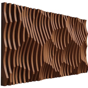 Puede incluir: Un panel de pared de madera con un patrón ondulado. El panel está hecho de muchas tiras finas de madera que están dispuestas en un patrón ondulado. La madera es de color marrón oscuro.