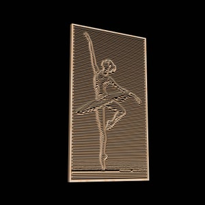 May include: A wooden wall art sculpture of a ballerina in a flowing skirt. The sculpture is made of thin strips of wood that create a 3D effect.