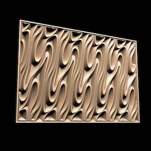 May include: A wooden wall panel with a decorative, abstract pattern of swirling lines. The panel is made of light brown wood and has a smooth, polished finish.