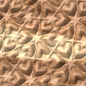 May include: A seamless pattern of overlapping hearts and stars in a light brown woodgrain texture.