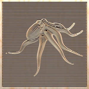 May include: A wooden wall art piece featuring a stylized octopus with a 3D effect. The octopus is carved into the wood and has a light brown color.