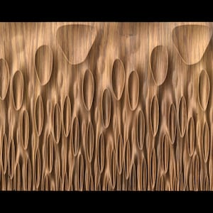May include: A wooden wall panel with a unique, textured design featuring a repeating pattern of carved ovals and circles. The panel has a warm, natural wood color.