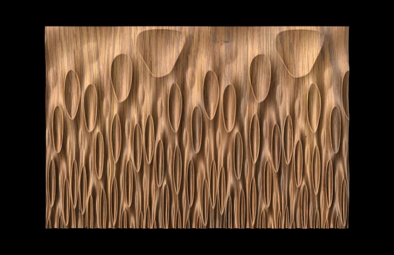 May include: A wooden wall panel with a unique, textured design featuring a repeating pattern of carved ovals and circles. The panel has a warm, natural wood color.