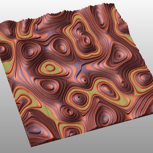 May include: A 3D printed wall art piece with a textured, abstract design. The design features a series of concentric circles and curves in shades of brown, purple, and green.