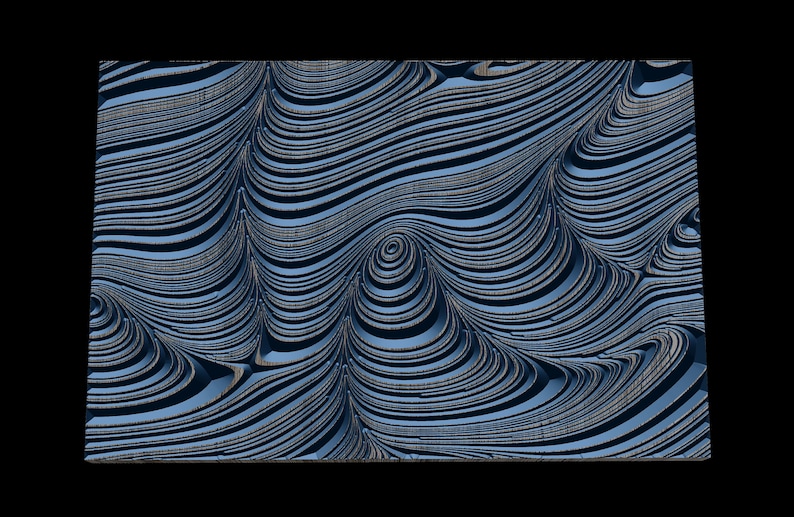 以下が含まれることがあります： 渦巻き状の線と3D効果のある抽象的な青と灰色のパターン