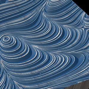 以下が含まれることがあります： 渦巻く線と曲線を持つ、抽象的な青と白の3Dパターン