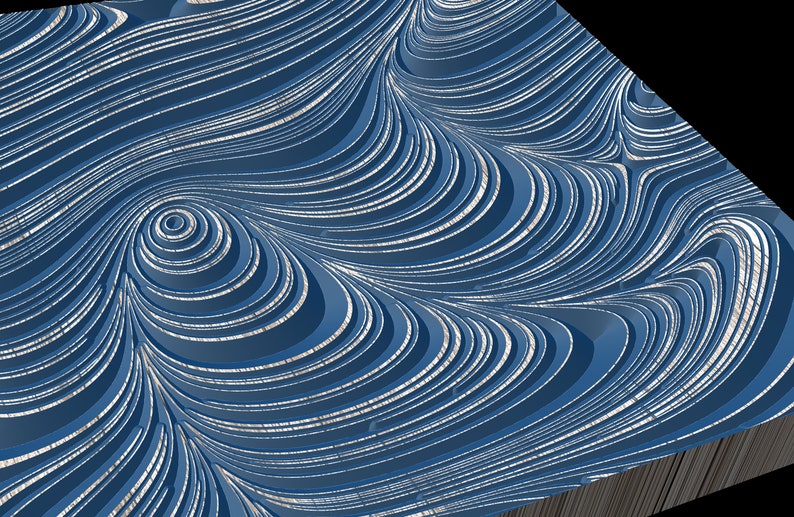 以下が含まれることがあります： 渦巻く線と曲線を持つ、抽象的な青と白の3Dパターン