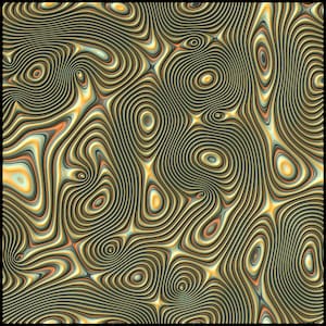 May include: Abstract digital art with swirling lines in shades of green, yellow, orange, and black.